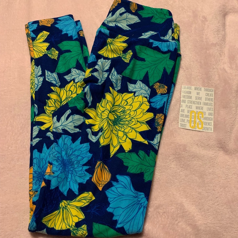 Lularoe OS blue floral leggings nwot